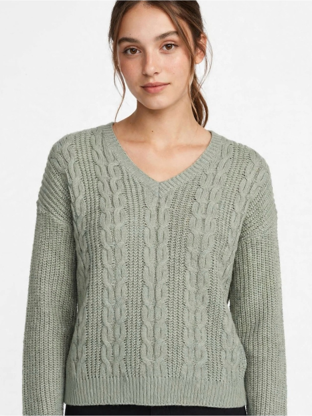 Soft Cable-Knit V-Neck Sweater in Sage